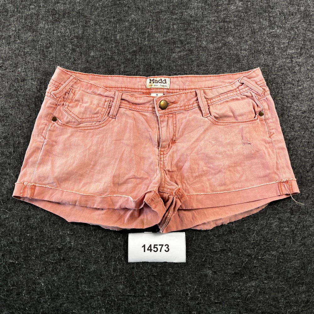 Mudd Love Peace Happiness Shorts Women 11 Coral Pink Denim Cotton Stretch Cuffed